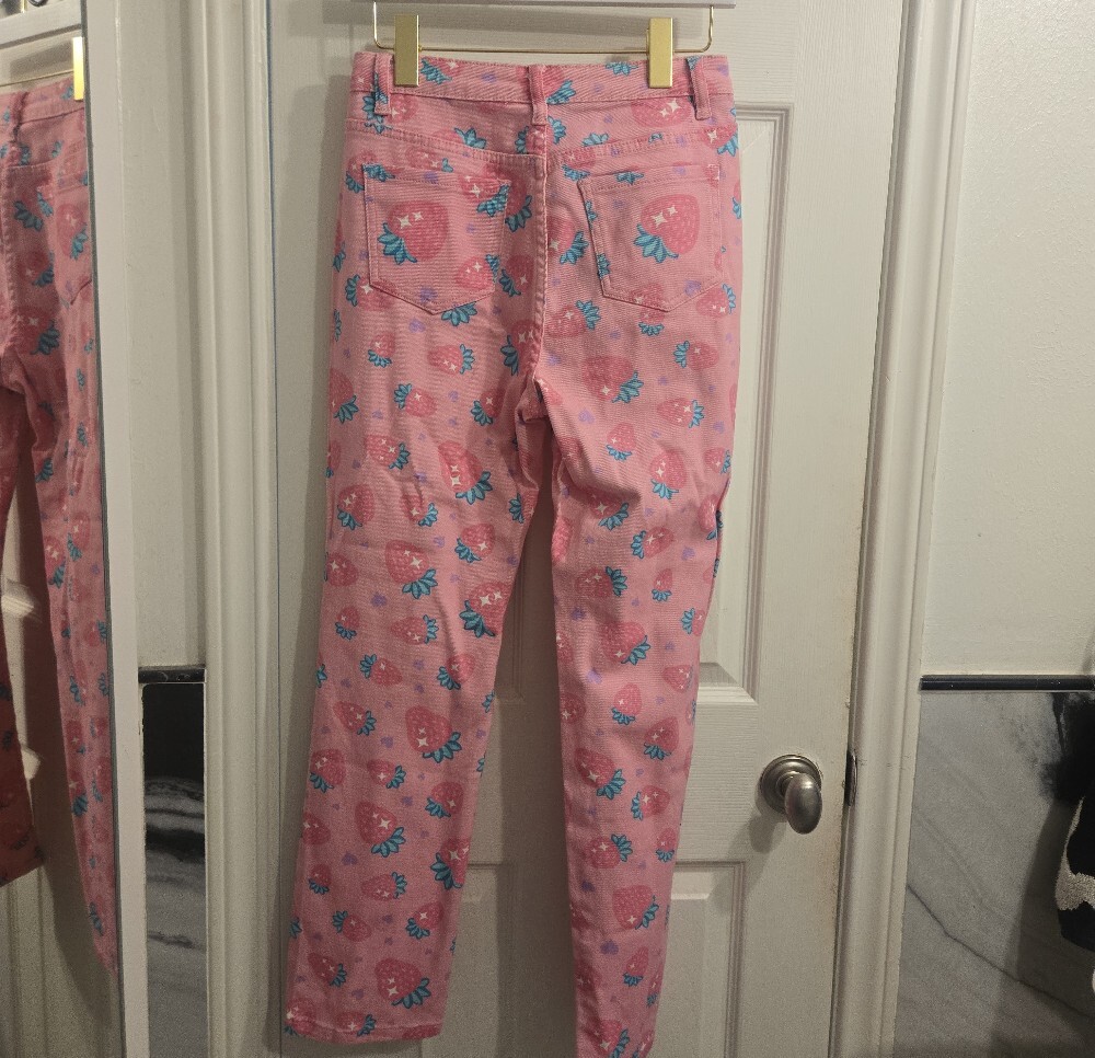 Sugar Thrillz Pink Strawberry Print Straight Leg Jeans - Picture 3 of 7